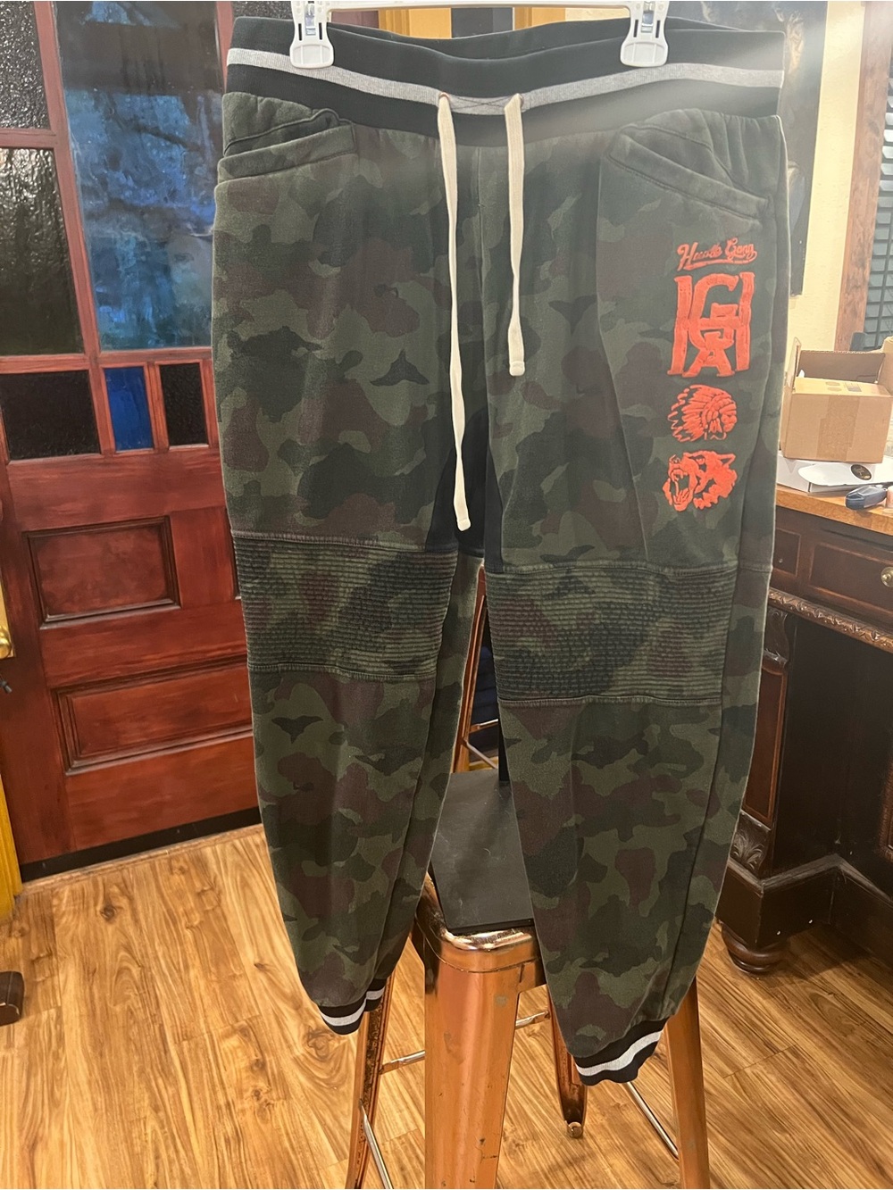 Hustle Gang Camo Green Joggers with Orange Logo